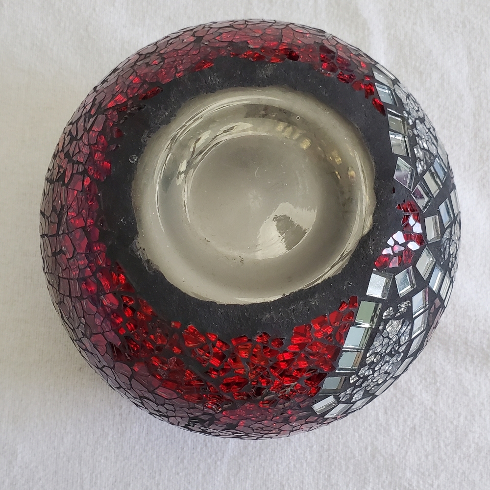 Mosiac Candle Holder Bowl, Mirror & Red Crackle Glass, 6" tall - Picture 4 of 4